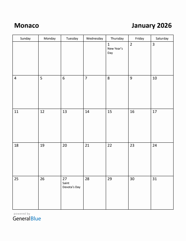 January 2026 Calendar with Monaco Holidays