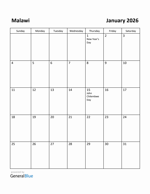 January 2026 Calendar with Malawi Holidays