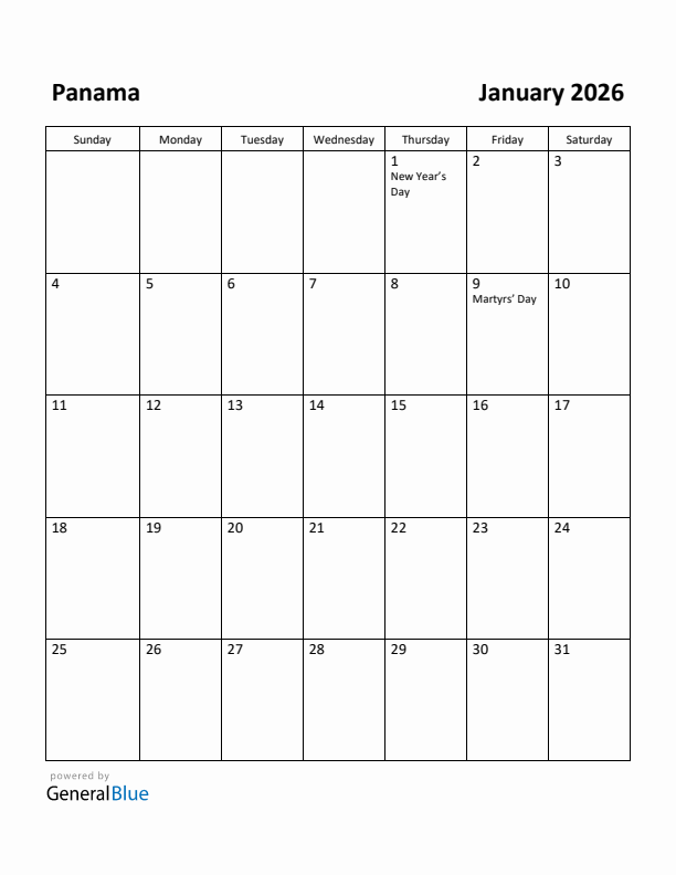 January 2026 Calendar with Panama Holidays