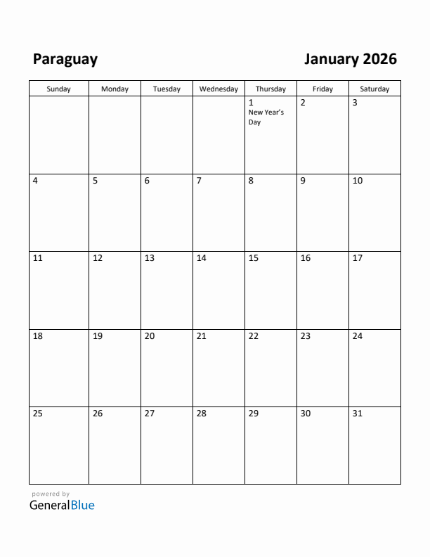 January 2026 Calendar with Paraguay Holidays