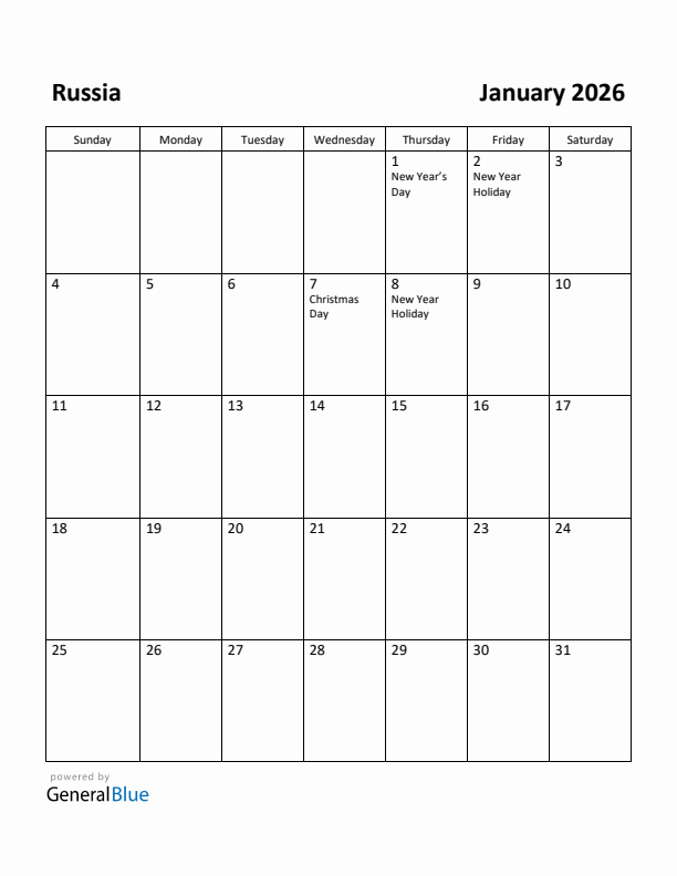 January 2026 Calendar with Russia Holidays