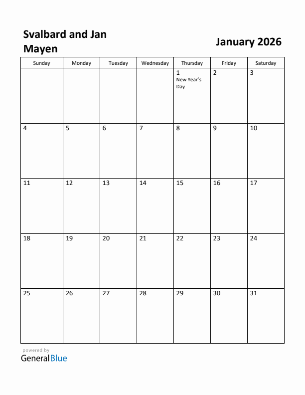 January 2026 Calendar with Svalbard and Jan Mayen Holidays