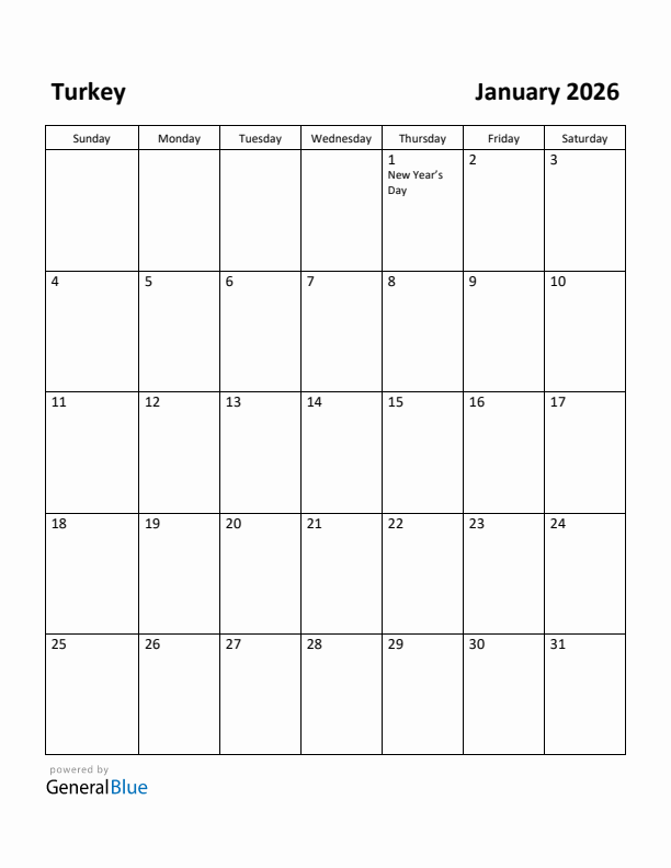 January 2026 Calendar with Turkey Holidays