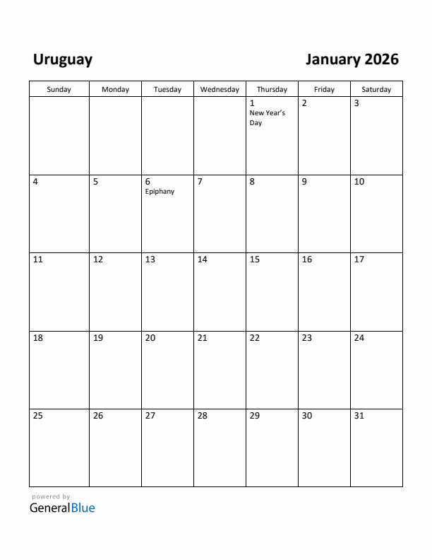 January 2026 Calendar with Uruguay Holidays