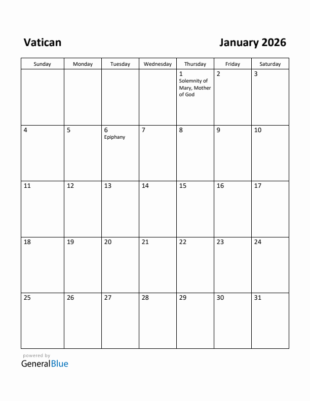 January 2026 Calendar with Vatican Holidays