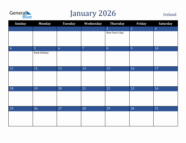 January 2026 Ireland Calendar (Sunday Start)