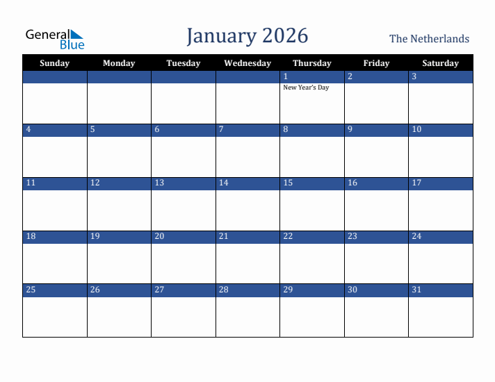 January 2026 The Netherlands Calendar (Sunday Start)