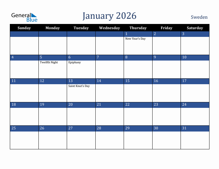 January 2026 Sweden Calendar (Sunday Start)