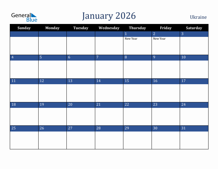 January 2026 Ukraine Calendar (Sunday Start)