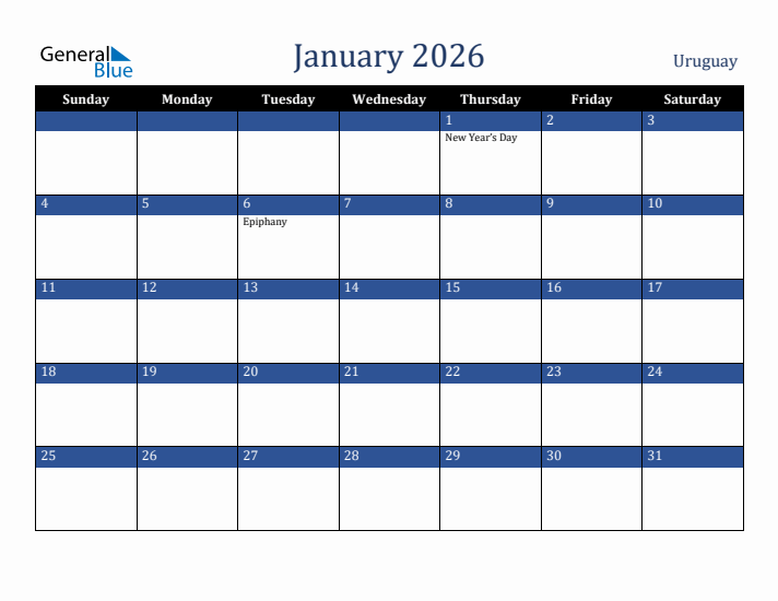 January 2026 Uruguay Calendar (Sunday Start)