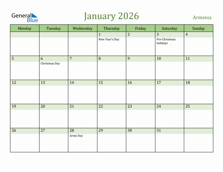 January 2026 Calendar with Armenia Holidays