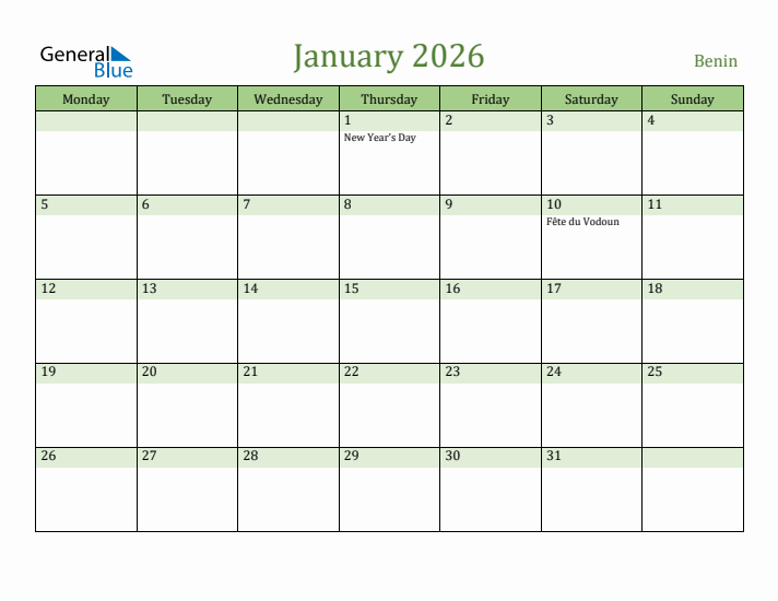 January 2026 Calendar with Benin Holidays