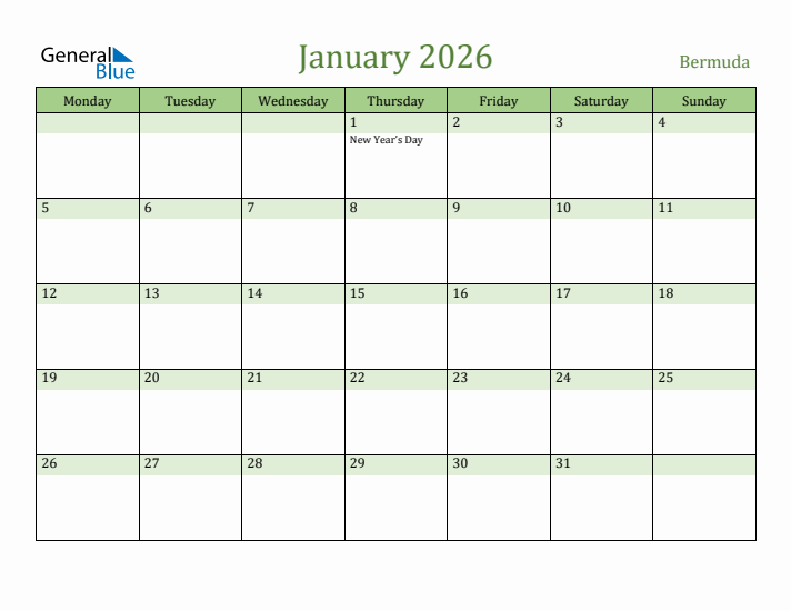 January 2026 Calendar with Bermuda Holidays