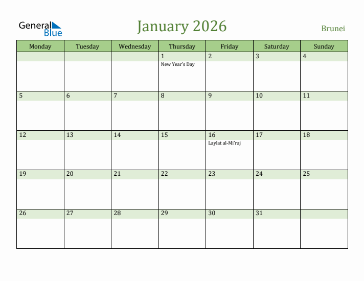 January 2026 Calendar with Brunei Holidays