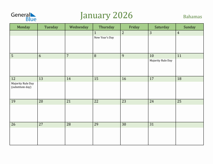 January 2026 Calendar with Bahamas Holidays