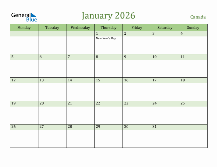 January 2026 Calendar with Canada Holidays