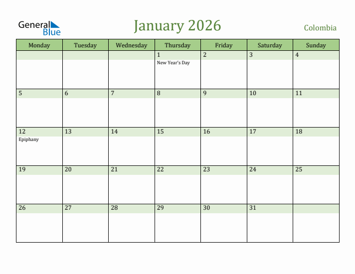 January 2026 Calendar with Colombia Holidays