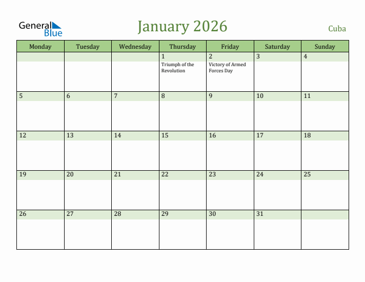 January 2026 Calendar with Cuba Holidays