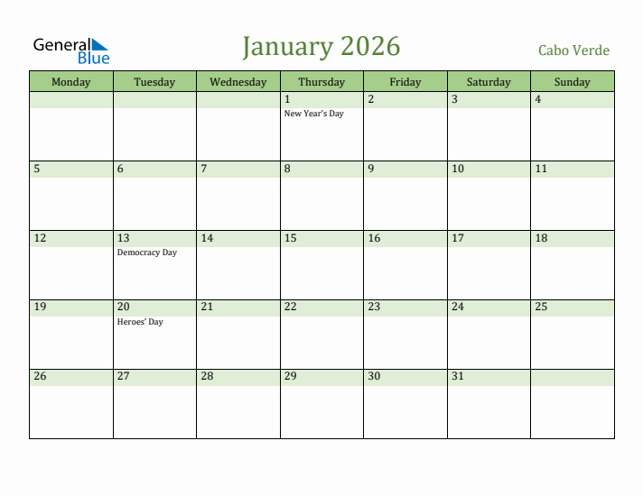 January 2026 Calendar with Cabo Verde Holidays