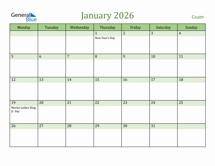 January 2026 Calendar with Guam Holidays