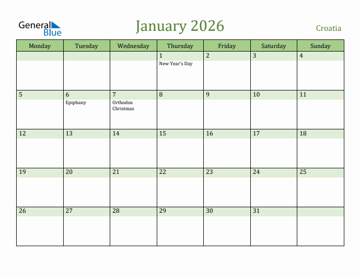 January 2026 Calendar with Croatia Holidays