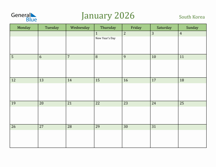 January 2026 Calendar with South Korea Holidays