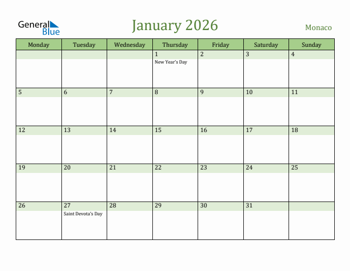 January 2026 Calendar with Monaco Holidays