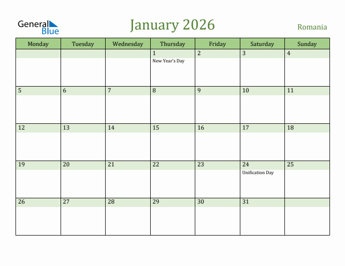 January 2026 Calendar with Romania Holidays