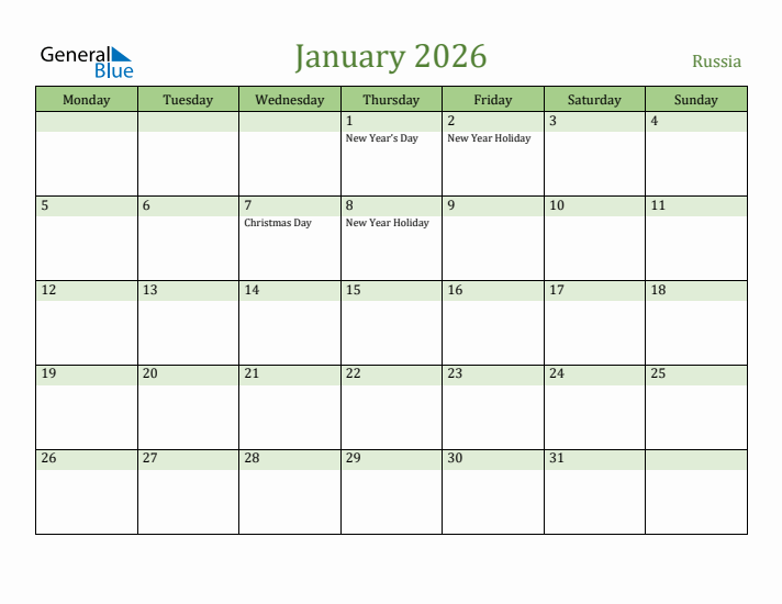 January 2026 Calendar with Russia Holidays