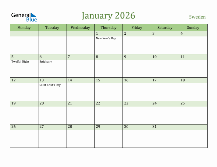 January 2026 Calendar with Sweden Holidays