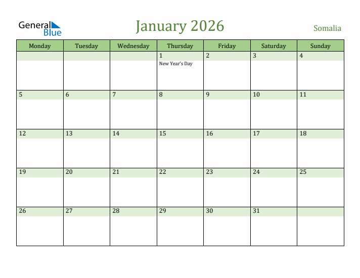 January 2026 Calendar with Somalia Holidays