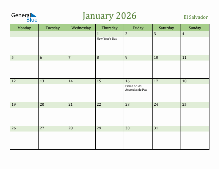 January 2026 Calendar with El Salvador Holidays