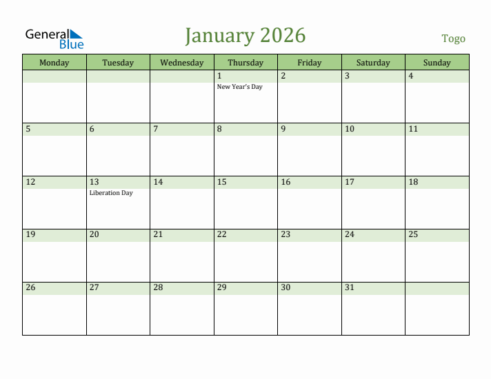 January 2026 Calendar with Togo Holidays