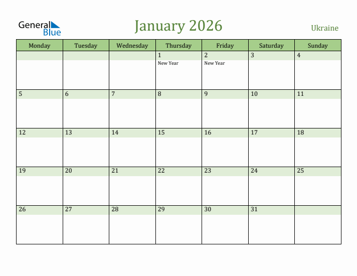 January 2026 Calendar with Ukraine Holidays