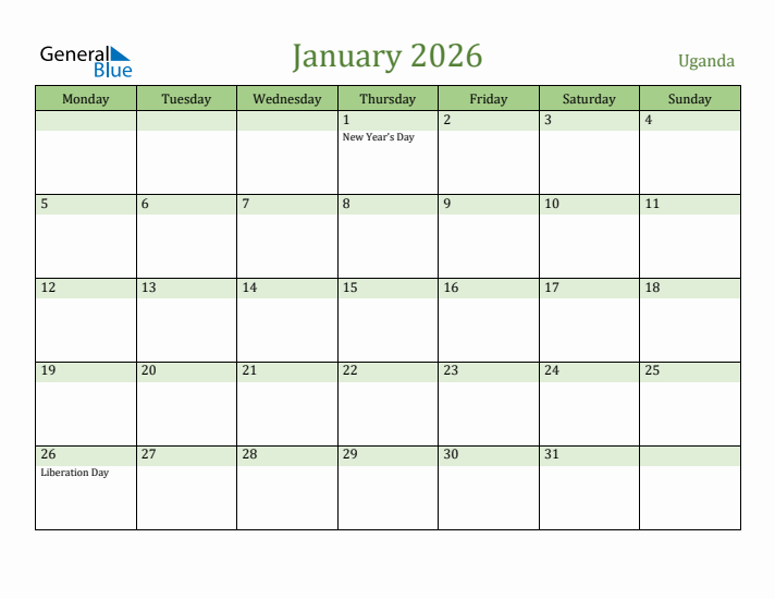 January 2026 Calendar with Uganda Holidays