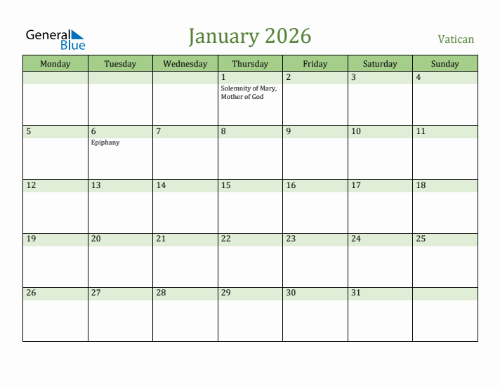 January 2026 Calendar with Vatican Holidays