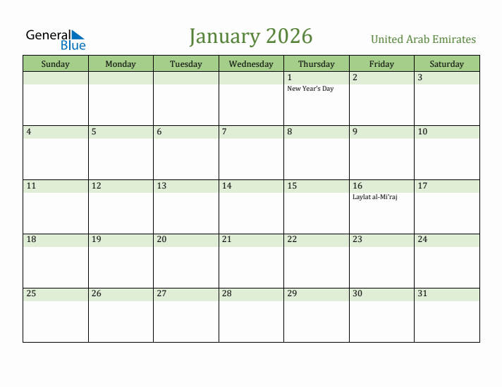 January 2026 Calendar with United Arab Emirates Holidays