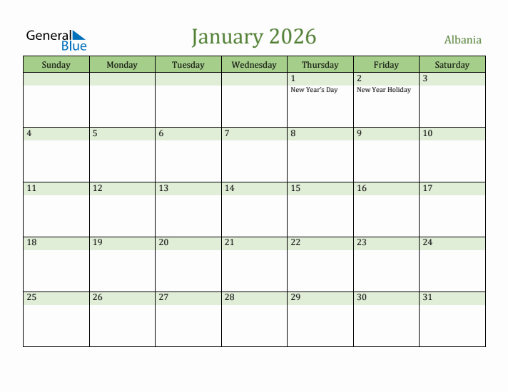 January 2026 Calendar with Albania Holidays