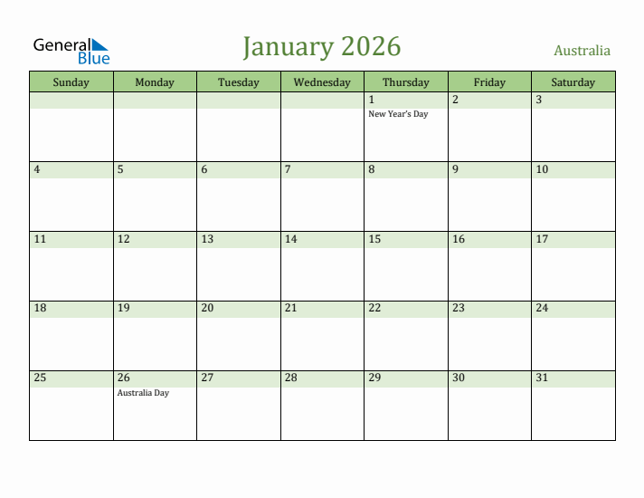 January 2026 Calendar with Australia Holidays