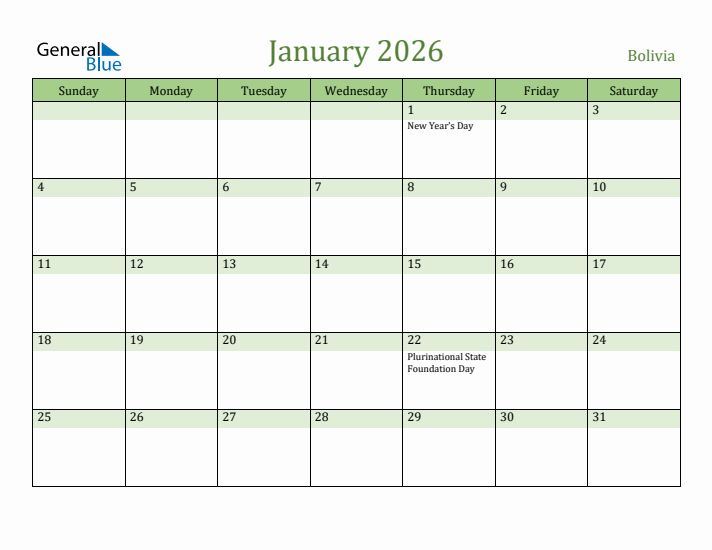 January 2026 Calendar with Bolivia Holidays