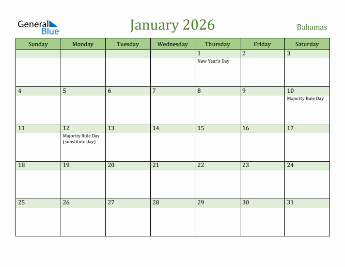 January 2026 Calendar with Bahamas Holidays