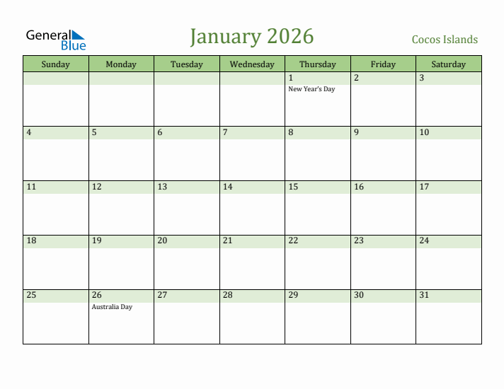 January 2026 Calendar with Cocos Islands Holidays