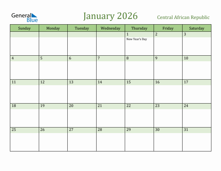 January 2026 Calendar with Central African Republic Holidays