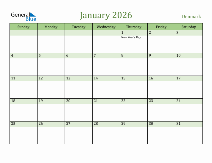 January 2026 Calendar with Denmark Holidays