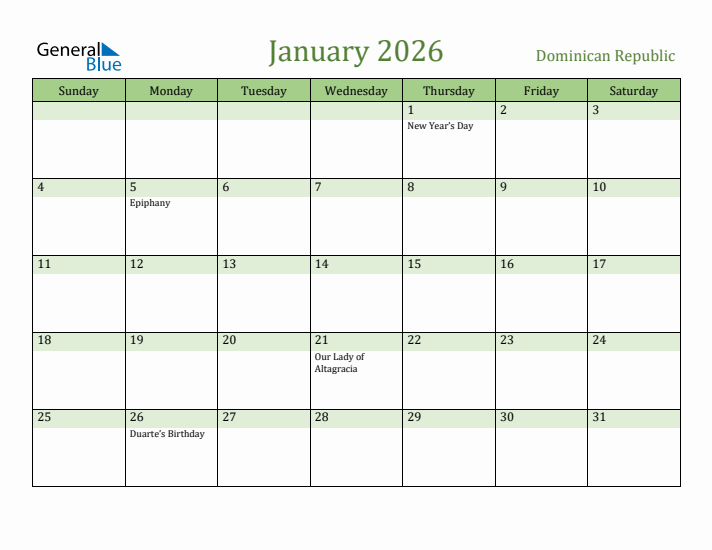 January 2026 Calendar with Dominican Republic Holidays