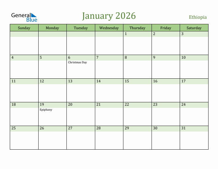 January 2026 Calendar with Ethiopia Holidays