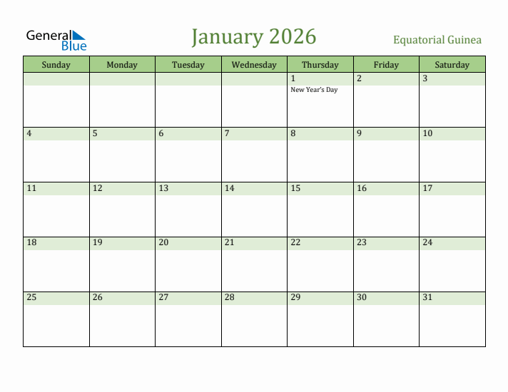 January 2026 Calendar with Equatorial Guinea Holidays