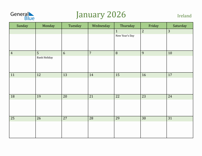 January 2026 Calendar with Ireland Holidays