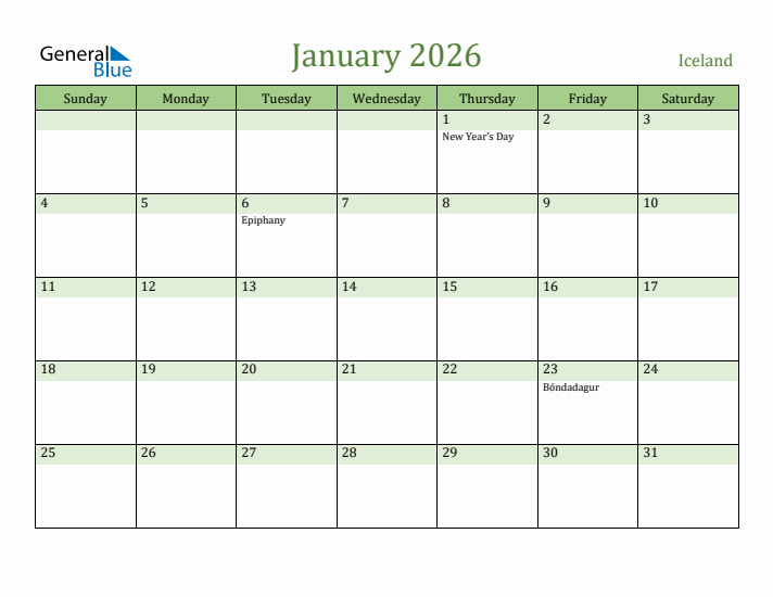 January 2026 Calendar with Iceland Holidays