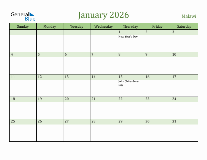 January 2026 Calendar with Malawi Holidays